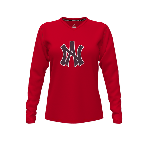 [CUS-DFW-TEES-PER-VNK-LSL-RED-FYXS-LOGO1] Performance T-Shirt (Female Youth XS, Red, V Neck, Logo 1, Long Sleeve)